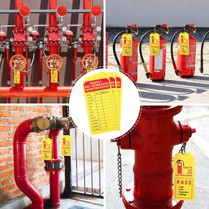 Etiquetas de inspección para extintores de incendios, tarjetas de registro mensuales de polipropileno amarillo con instrucciones y cordones - Product Image 5