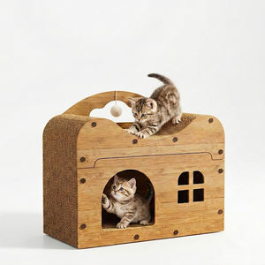 Maison pour chat en carton avec structure en bois, arbre à chat avec griffoir en carton ondulé pour jouer et se reposer en intérieur - Product Image 1