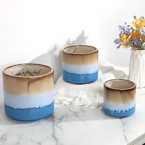 定制陶瓷香料容器褪色蓝棕色陶瓷储物罐套装咖啡豆罐陶罐套装