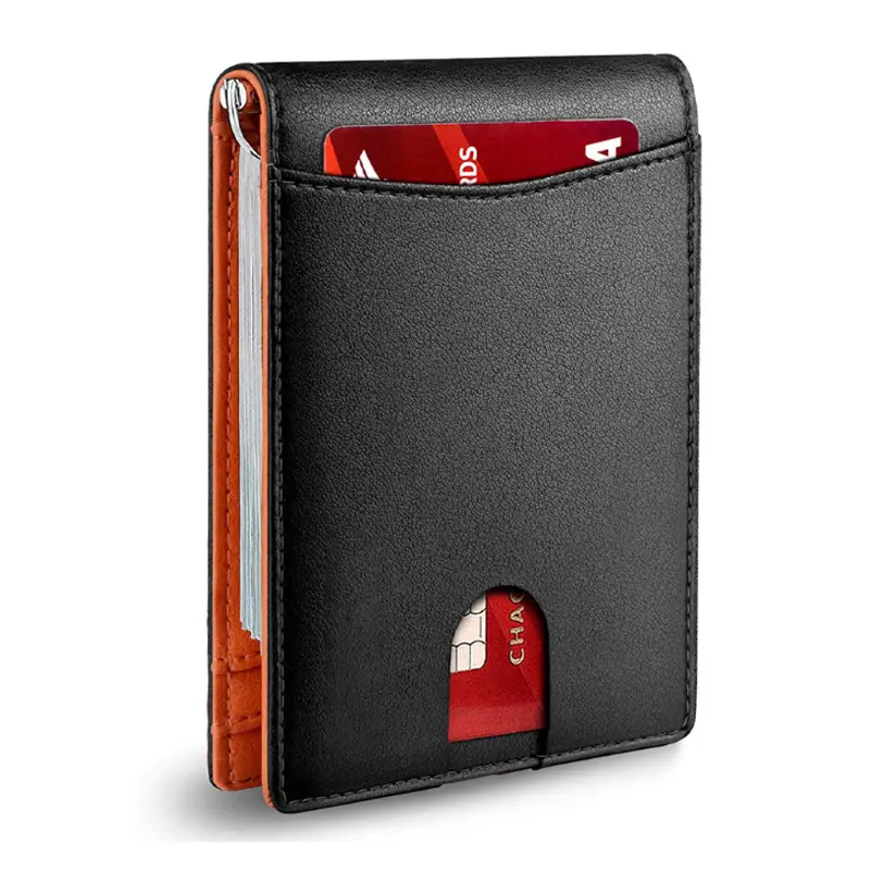 RFID front pocket thin minimalist credit card holder genuine leather slim bifold money clip wallet