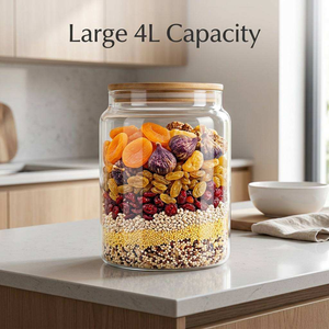 Conteneur alimentaire en <span class=keywords><strong>verre</strong></span> borosilicate de grande capacité 4L, couvercle hermétique en bambou, compatible lave-vaisselle, écologique, portable, <span class=keywords><strong>à</strong></span> large ouverture - Product Image 1