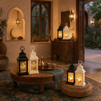 Lanterne vintage à LED avec motif de mosquée et de lune imprimé, lampe à bougie électronique fonctionnant sur piles pour la décoration de la maison pendant le Ramadan Kareem