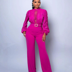 AJ4491 Fornitura Transfrontaliera <span class=keywords><strong>di</strong></span> Abbigliamento Femminile Europeo e Americano, Elegante Tuta con Pantaloni a Gamba Larga Personalizzata con Inserti in <span class=keywords><strong>Pizzo</strong></span> e Lacci - Product Image 4