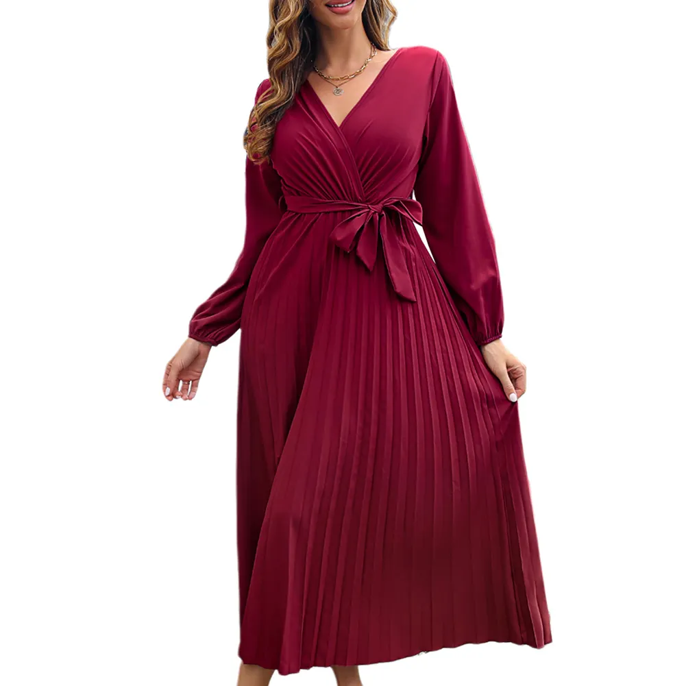 New Fashion Casual Women Front Wrap V Neck Swing Long Dress with Belt