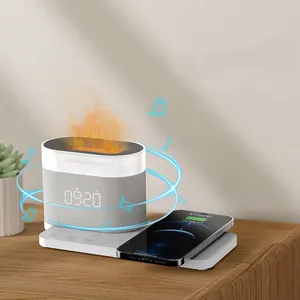2022 New Arrival 3D Flame Air Humidifier Night Lamp Aroma Diffuser Humidifier With 15W Pd Wireless Charger And Alarm Clock