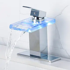 Grifo de lavabo de caño de cascada generalizada Grifo de lavabo de baño, Control de temperatura fría y caliente Mezclador de luz LED Vidrio Latón