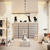 Aménagement intérieur de magasin d'articles pour animaux de compagnie, mobilier de présentation sur mesure pour animalerie, présentoir pour aliments pour chats, rénovation de magasin