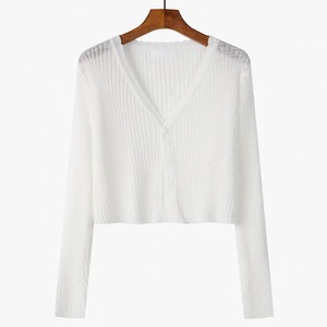 Cárdigan de punto negro para mujer, manga larga, un botón, ajuste holgado, capa transparente, protección solar, estilo veraniego - Product Image 4