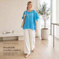 Haut en crochet personnalisé OEM ODM pour femme, chemisier en dentelle à manches courtes, poncho en maille ouverte, col rond, ourlet festonné, chemise décontractée d'été