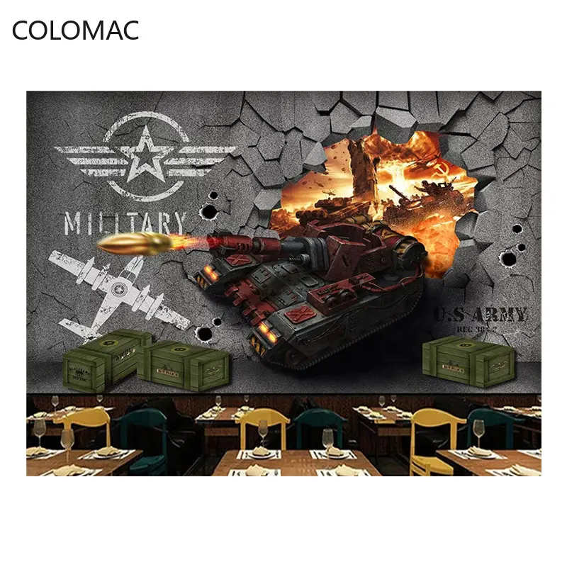 Colomac Hotel Kustom Tangki Tentara Militer Tema Kamar Wallpaper Tentara Perang 3D Dinding Rusak Tentara Mural Dekorasi untuk Kamar Tidur