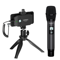 Microphone sans fil pour smartphone COMICA CVM-WS50(H) à 6 canaux, à condensateur cardioïde, en métal, avec émetteur portable, lumières LED, en temps réel