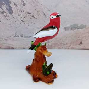 Handblown Glass <b>Bird</b> Figurine Red White Black <b>Perched</b> On Tree Base Animal Decorative Craft Art Piece - Product Image 4