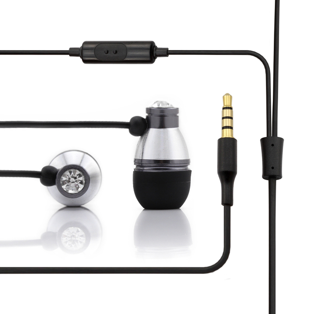 Silver-Black Edgy Crystal 3.5mm Jack Connectors Earphone High Quality Metal Wired Headphone