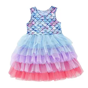 New Summer Kids Dress Girls Fashion Mermaid Princess Skirt Sleeveless Scale Printed Fluffy Gauze Tutu Dress for Girls