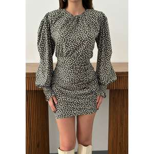 Robe fourreau kaki à pois, col rond, taille naturelle, respirante, à nouer, en tissu tissé, pour usage quotidien décontracté, vente en gros - Product Image 6