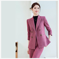 Ensemble de tailleur tissé 2 pièces Mier rouge uni à col en V pour femme, anti-plis, brodé, manches longues, fermeture à bouton unique, idéal pour le bureau