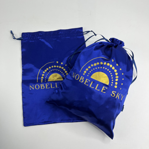 Royal Blue Satin <b>Pouches</b> with Gold Print Logo - Luxury <b>Drawstring</b> Bags for Cosmetics & Jewelry - Product Image 1