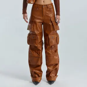 OUDINA Vente en gros Personnalisé Baggy multi-poches pour femme Pantalon de travail Vert kaki Y2k Pantalon cargo en cuir