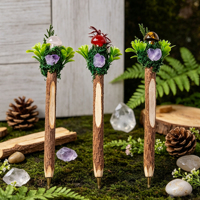 Stylo Baguette Champignon en Cristal, Fait Main en Bois et Mousse, avec Améthyste/Quartz Rose, Outil d'Écriture Magique Spirituel de Guérison, Cadeau Sorcier