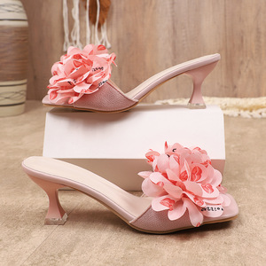 Women Square Open Toe 3D Fabric Flower Decor <b>Mule</b> Sandals Slip On Flared <b>Kitten</b> <b>Heel</b> Party Slippers - Product Image 3