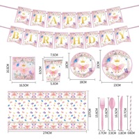 Vaisselle jetable sur le thème des fleurs et des papillons roses, assiettes en papier, nappe, serviettes, drapeaux, couteaux, fourchettes, cuillères pour fête d'anniversaire de fille