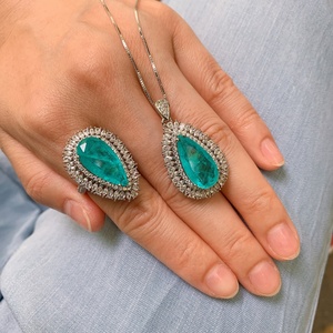 Bijoux de mode écologiques en cuivre plaqué or, zircon Paraiba 10*20mm, ensemble collier, boucles d'oreilles et bague, vente en gros, fabriqué en Chine - Product Image 1