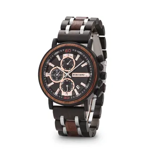 新版本手表男士棕色手腕木制手表波波鸟S18 多个时区男士手表