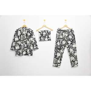 Conjunto de Pijama de Algodón con Diseño Floral Negro Simple, Estampado a Mano, Ropa de Dormir Ligera para Mujer, Conjunto para Estar en Casa en Verano - Product Image 4