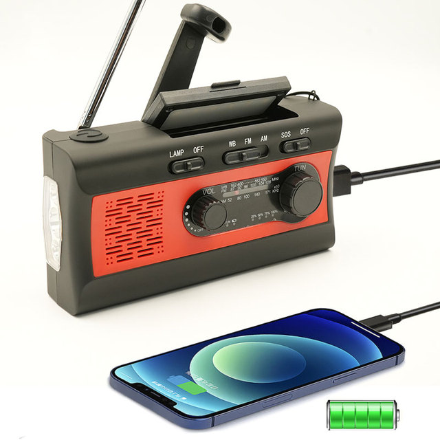 Emergency Portable Radio with Hand Crank & Solar Power Featuring Flashlight & Crank Light Function