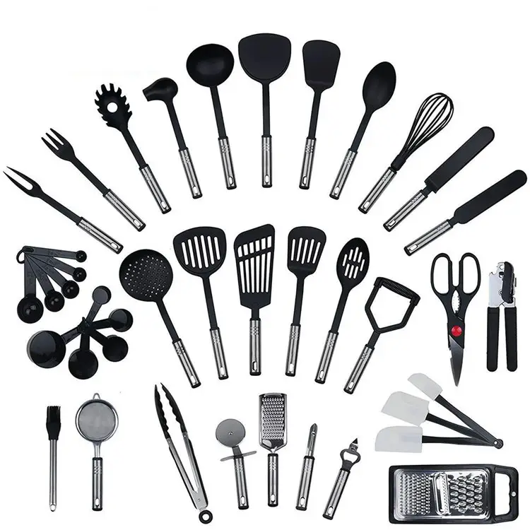 Utensílios de cozinha de aço inoxidável, utensílios de cozinha de 40 peças de novo, inovador, preto, nylon, utensílios de cozinha, ferramentas de cozinhar