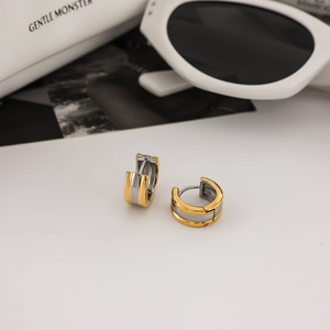 <b>Huggie</b> Earrings 18K Gold <b>Silver</b> Color Blocked Wide Three Layer Stainless Steel Everyday Wear Geometric Design - Product Image 4