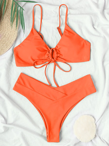 Femmes été mode couleur unie Bikini ensemble col en v maillots de bain avec culotte soutiens-gorge Sexy maillots de bain avec Logo avant Position - Product Image 5