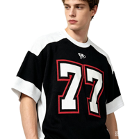 Kaos Jersey Oversize Warna Hitam Putih Berkualitas Tinggi Grosir Custom, Streetwear Bordir Garis Merah, Kaos Olahraga Longgar