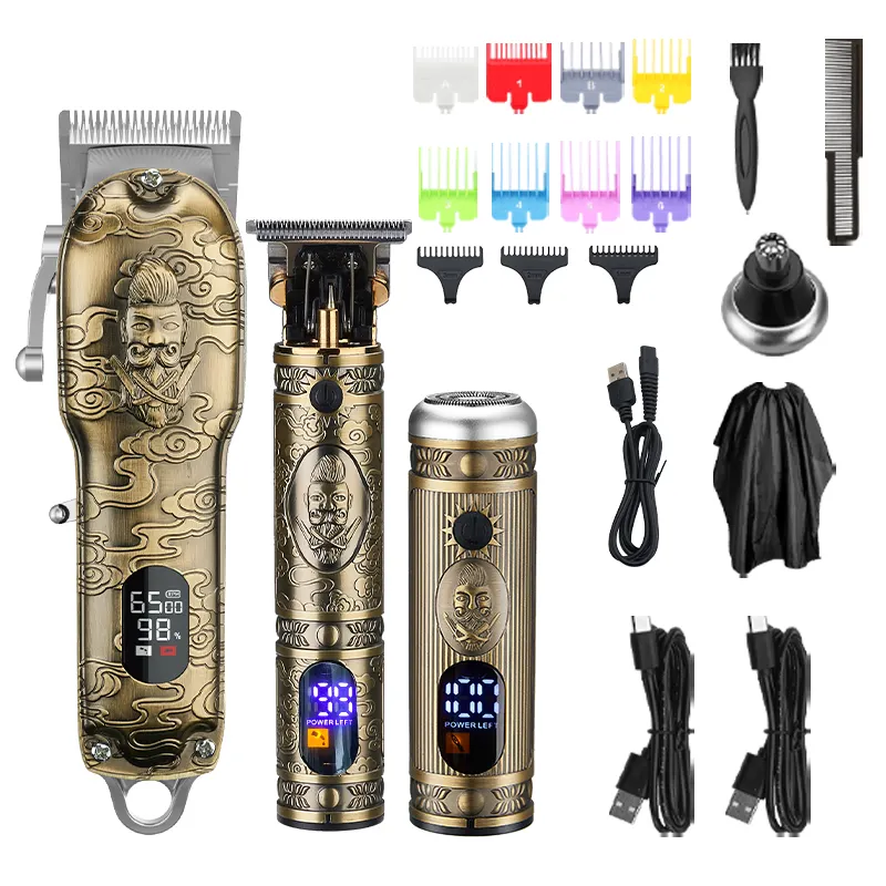 Hot Selling All Metal Retro Hair Trimmers Salon Professional Clipper cordless electric USB Charge Hair Nose Ear Trimmer Set