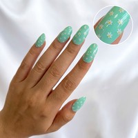 Faux ongles en gros à presser motif marguerite, forme amande, vert menthe, marque privée, ongles artificiels en gros