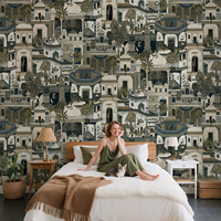 Murale murale personnalisable style Art déco vintage, motif de feuillage de palme, design paysager inspiré des palais indiens, pour salon et hôtel