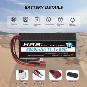 แบตเตอรี่ลิเธียม HRB 3S 11.1V 6000mah 50C พร้อมหัวต่อ Deans T สำหรับรถบังคับวิทยุ Losi Arrma 110 112 รถยนต์ รถบรรทุก รถมอนสเตอร์ ของเล่น - Product Image 3