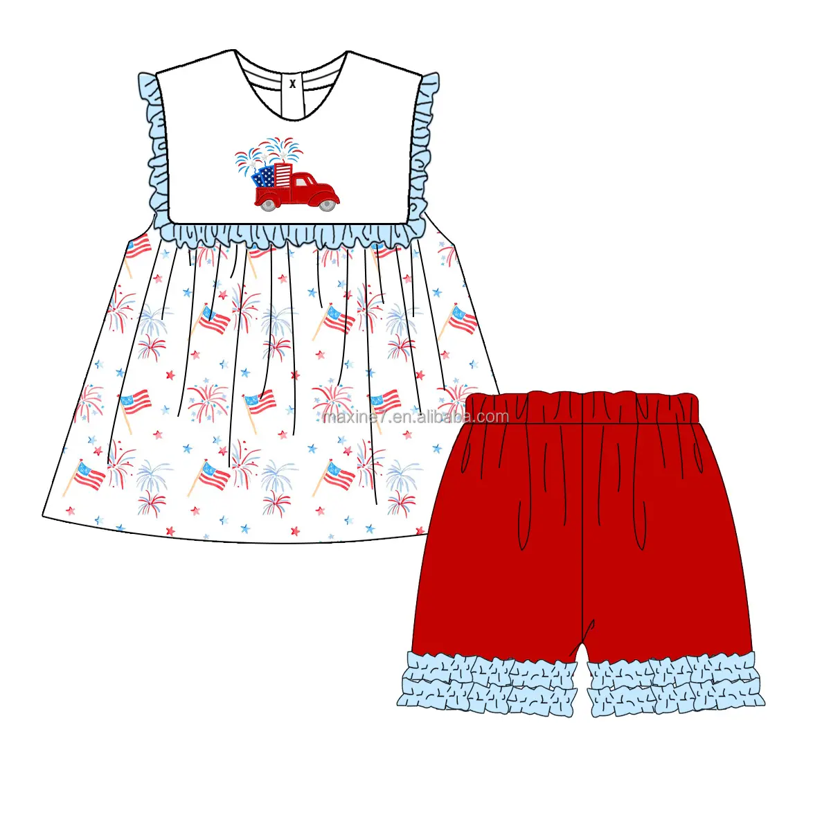 Kualitas tinggi pakaian anak-anak 4 Juli api applique pakaian anak perempuan lucu ruffles dua potong set anak perempuan