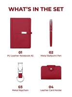 Ensemble cadeau d'affaires 4-en-1 de luxe en cuir rouge avec carnet A5 à feuilles mobiles, stylo, porte-clés et porte-cartes, personnalisable avec logo