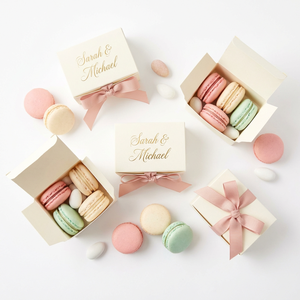 Boîte à <span class=keywords><strong>dragées</strong></span> personnalisée pour <span class=keywords><strong>mariage</strong></span>, petite boîte pliante avec noms en feuille d'or, ruban en satin, emballage pour bonbons et amandes - Product Image 1