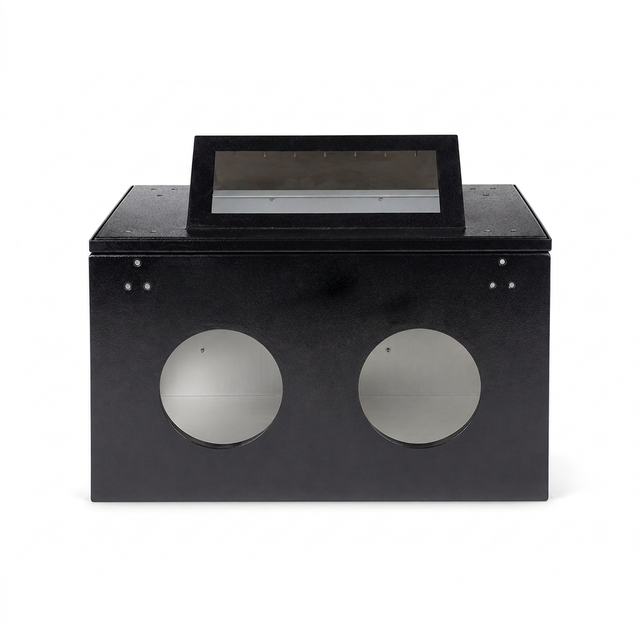 OEM Welded Sheet Metal Air Filter Housing, Dark Textured Enclosure with Circular Ports