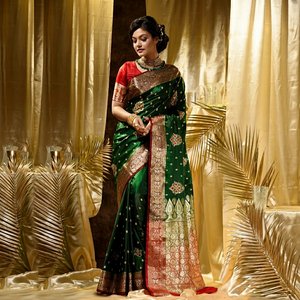 New Stylish <b>Green</b> <b>Silk</b> Saree with Red and Gold Border Traditional Indian Wedding and Party Wear for Women - Product Image 1