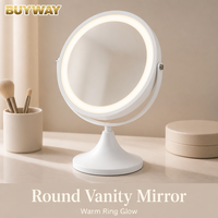 Miroir de maquillage rond blanc avec anneau lumineux givré et bras en U inclinable, miroir de vanité LED de table avec base en forme de cloche