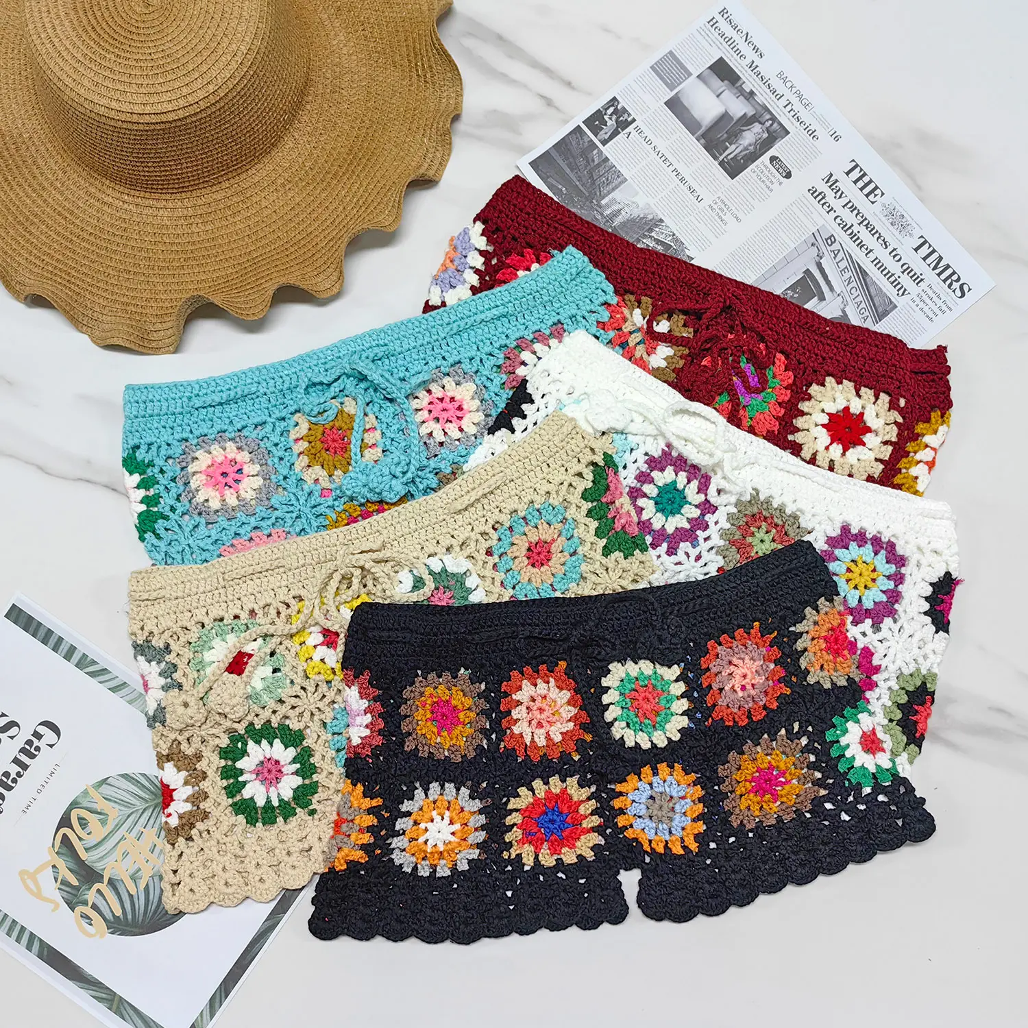 Fábrica Mulheres Granny Square Crochet Praia Shorts Bottoms Cover Up Laço cintura