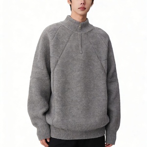 Pull en maille à col montant mi-zippé pour homme, coupe décontractée oversize avec ourlet incurvé, tendance - Product Image 4