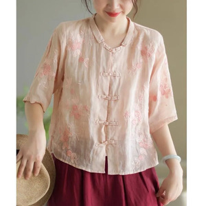 Traditional Chinese Style Embroidered Shirt Women Apricot Pink Loose Fit Summer Cotton Linen Top Open Front Button Closure - Product Image 1