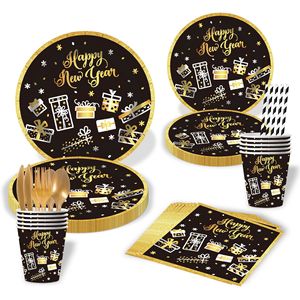 Nuovo Arrivo <span class=keywords><strong>2026</strong></span> Set di Stoviglie Monouso a Tema Felice Anno Nuovo Nero e Oro, Piatti di Carta, Tovaglioli, Tovaglia per Feste - Product Image 3