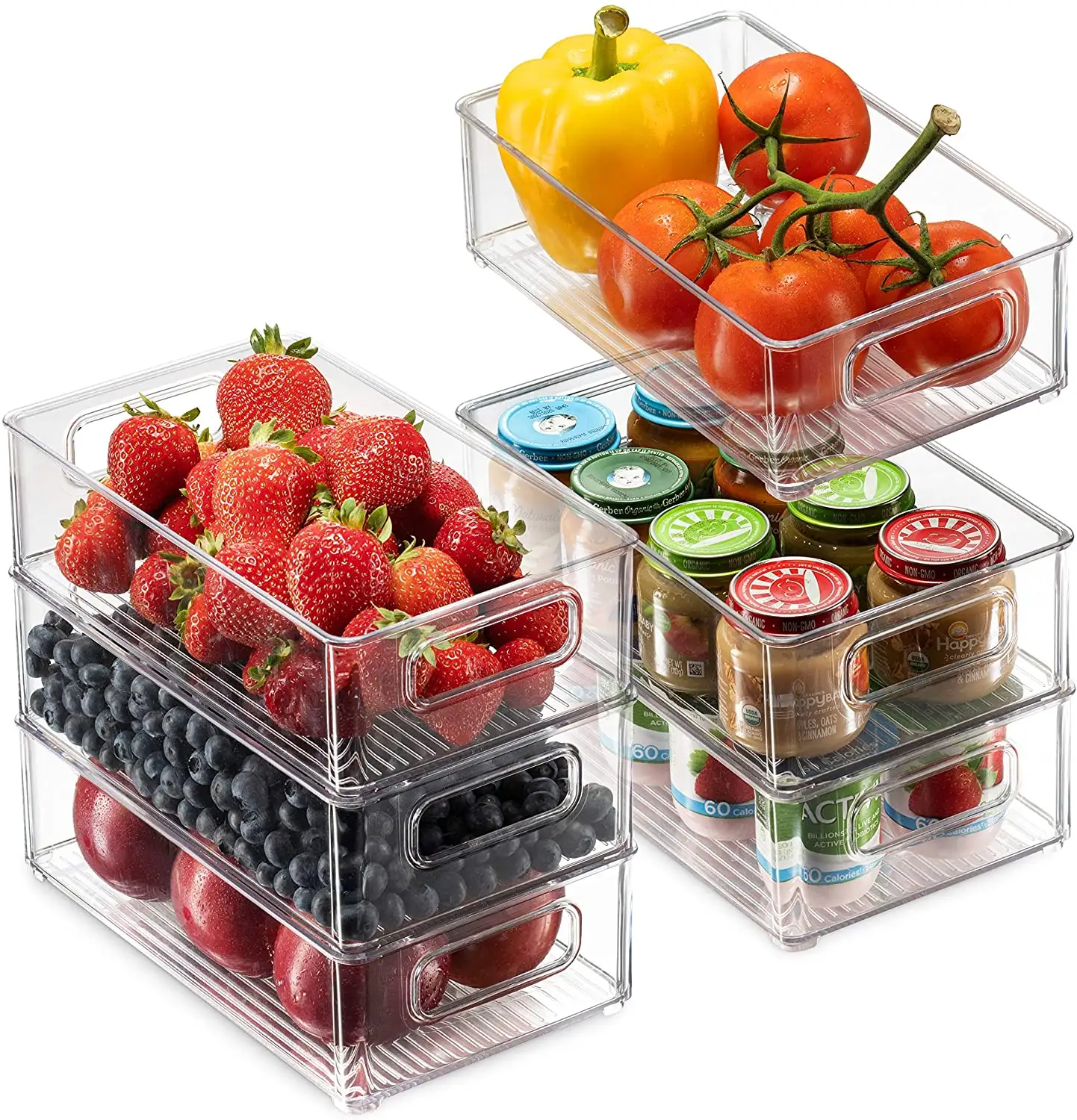 Set of 6 BPA FREE plastic Stackable Refrigerator Organizer Bins with Cutout Handles freezer organizer storage bins