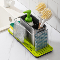 Distributeur de savon double multifonctionnel pour cuisine, support éponge 3-en-1, en acier inoxydable, antirouille, sur pied, pour évier - Stock disponible pour dropshipping