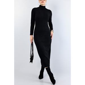 Vestido de Suéter Negro de Cuello Alto para Mujer, Manga Larga, Corte Regular, Estilo Modesto, Vestido de Punto Largo - Product Image 3